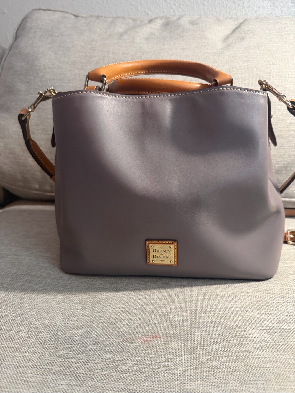 Dooney & Bourke Gray Leather Satchel with Tan Handles